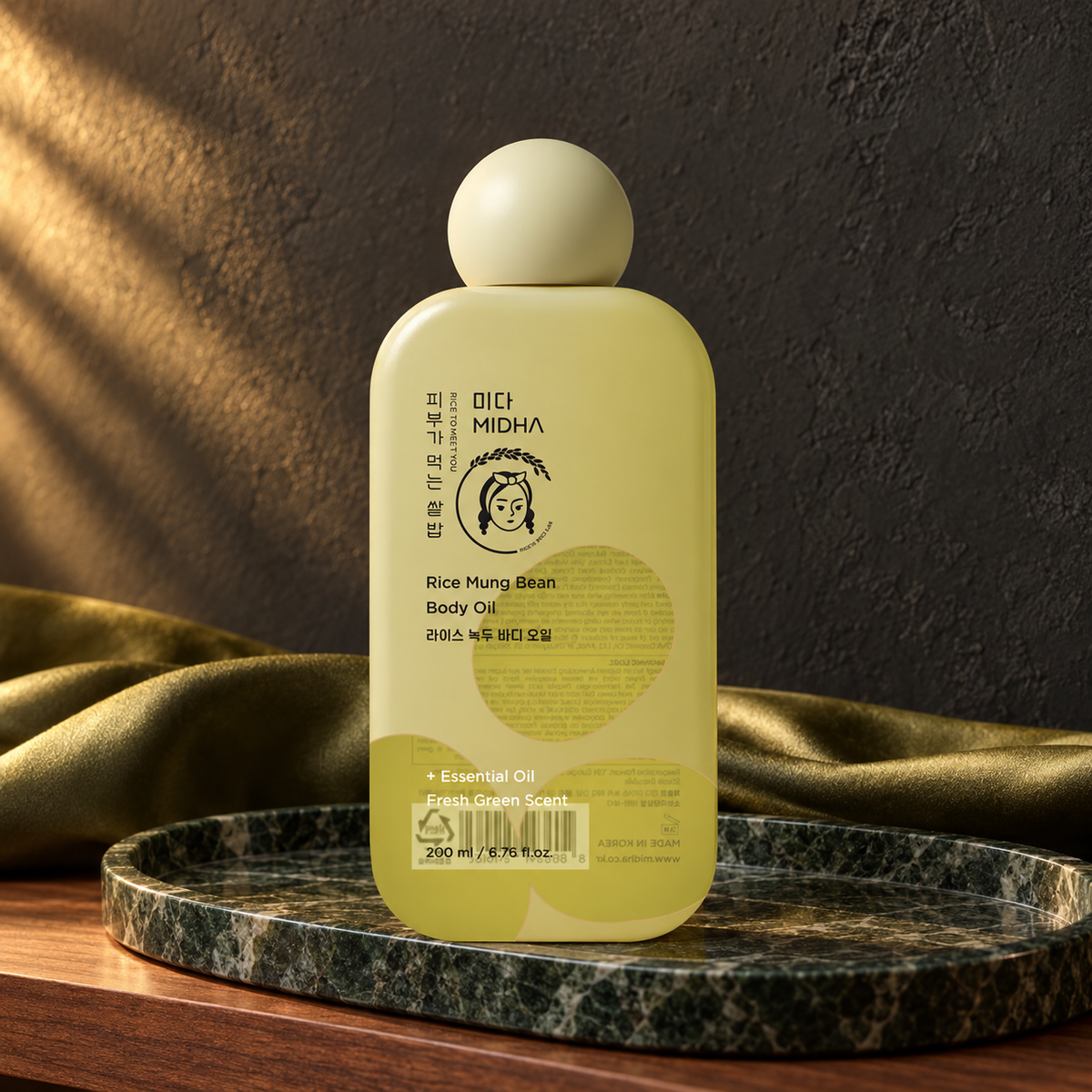 MIDHA Rice Mung Bean Body Oil 200 ml on a green marble tray; AI-styled product presentation.