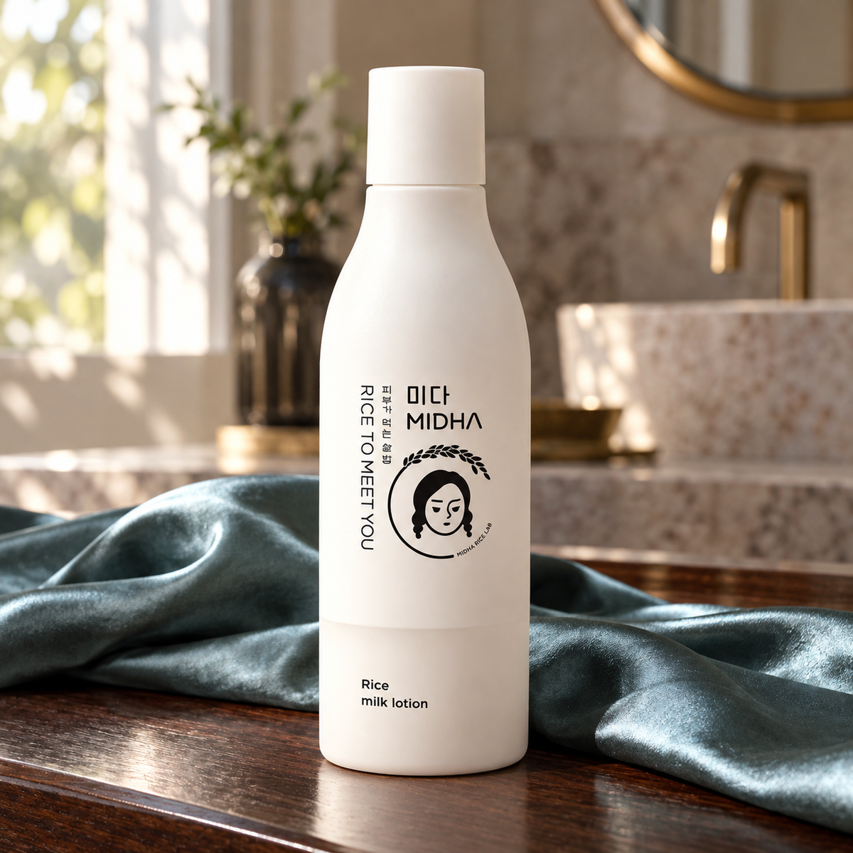 MIDHA Rice Milk Lotion bottle on teal satin vanity