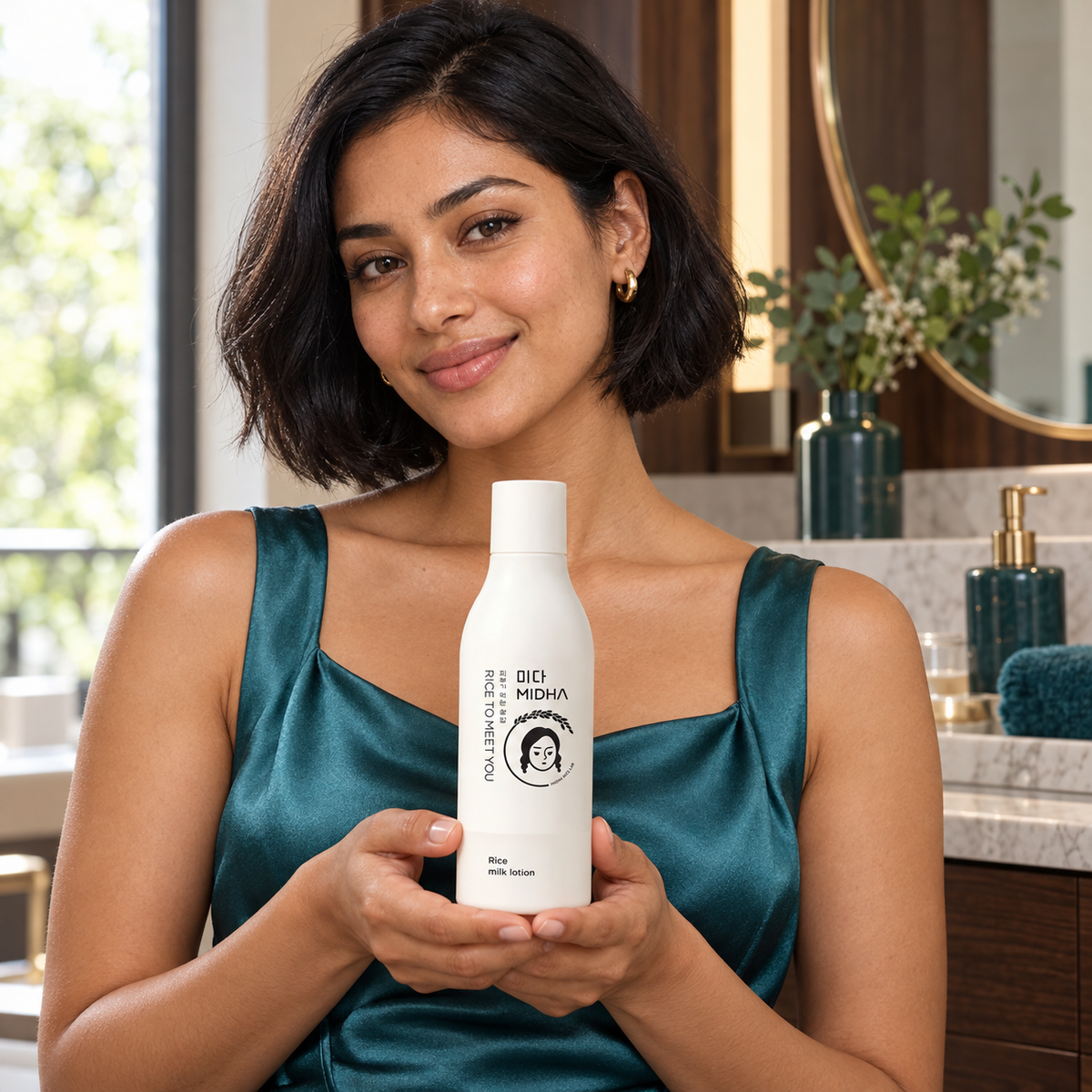 Model holding MIDHA Rice Milk Lotion