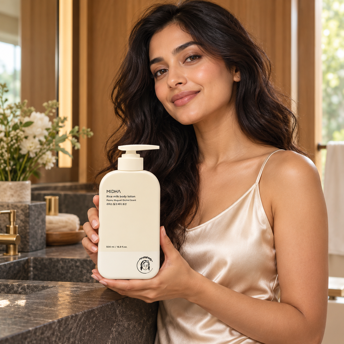 MIDHA Rice Milk Body Lotion 500 ml — model holding