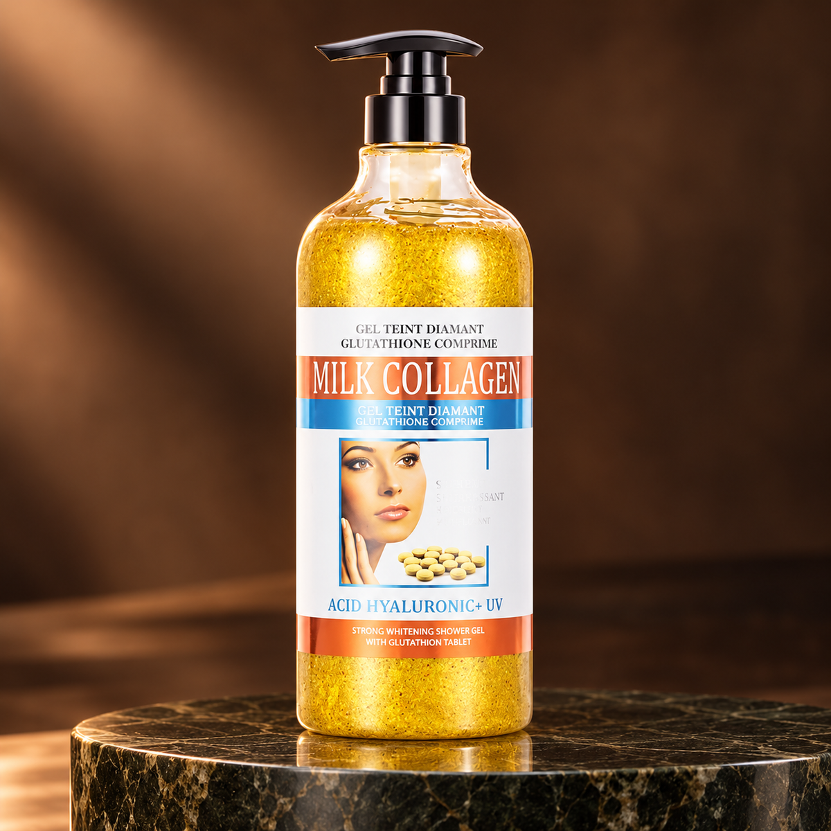 Milk Collagen Shower Gel bottle on a dark marble pedestal