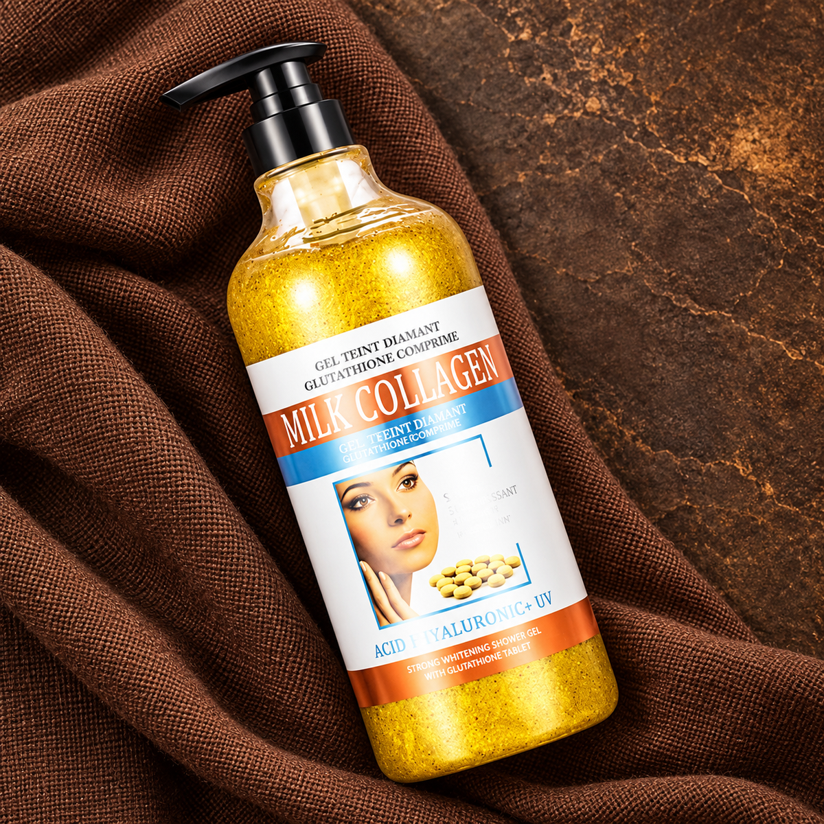 Milk Collagen Shower Gel bottle on cocoa linen