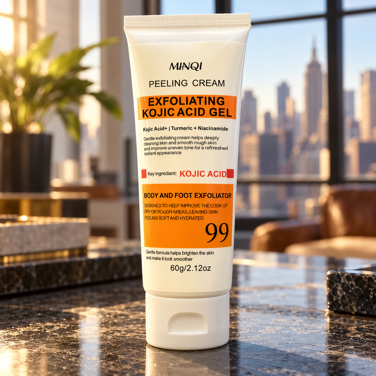MINQI Exfoliating Kojic Acid Gel — Body & Foot Peeling Cream, 60 g, Unboxed in a textured stone and city-loft setting