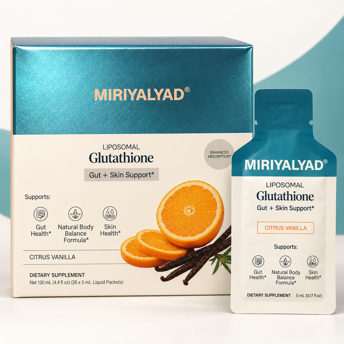 MIRIYALYAD Liposomal Glutathione Citrus Vanilla 26-packet box and one 5 mL packet.