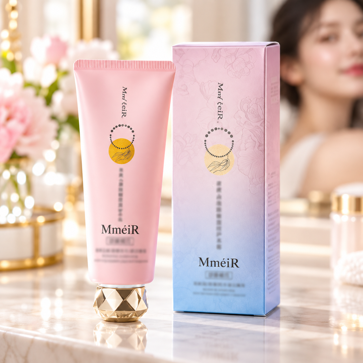 Illustrative vanity scene showing the pink MmeiR facial cream tube and matching carton