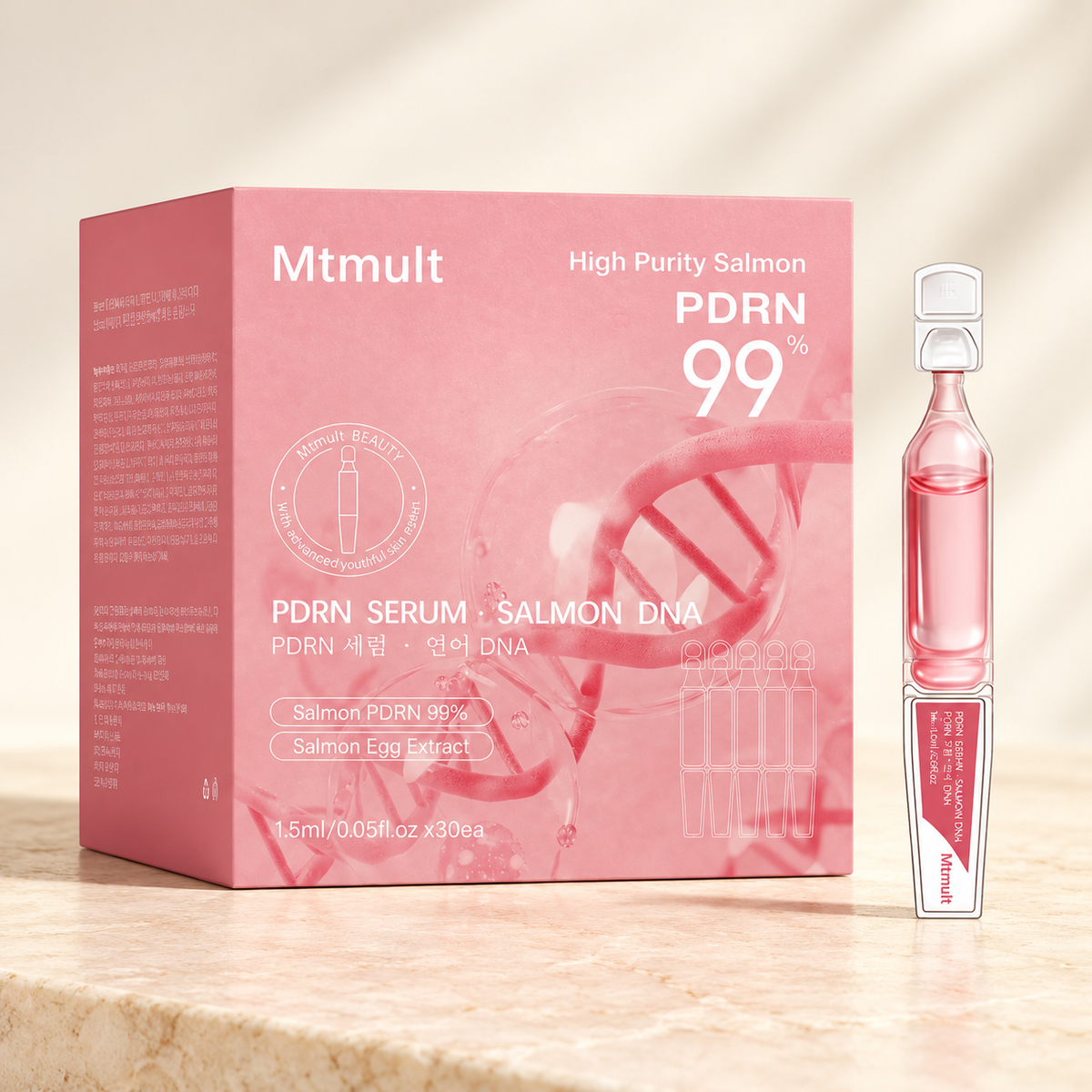 MTmult PDRN Serum, original pink carton and cosmetic ampoule