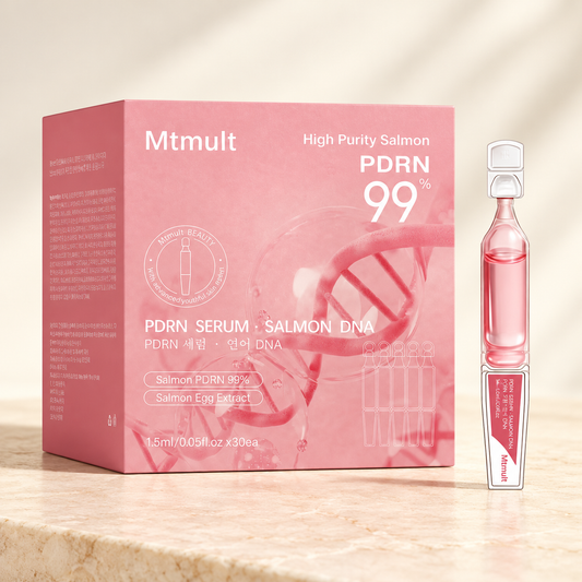 MTmult PDRN Serum, original pink carton and cosmetic ampoule