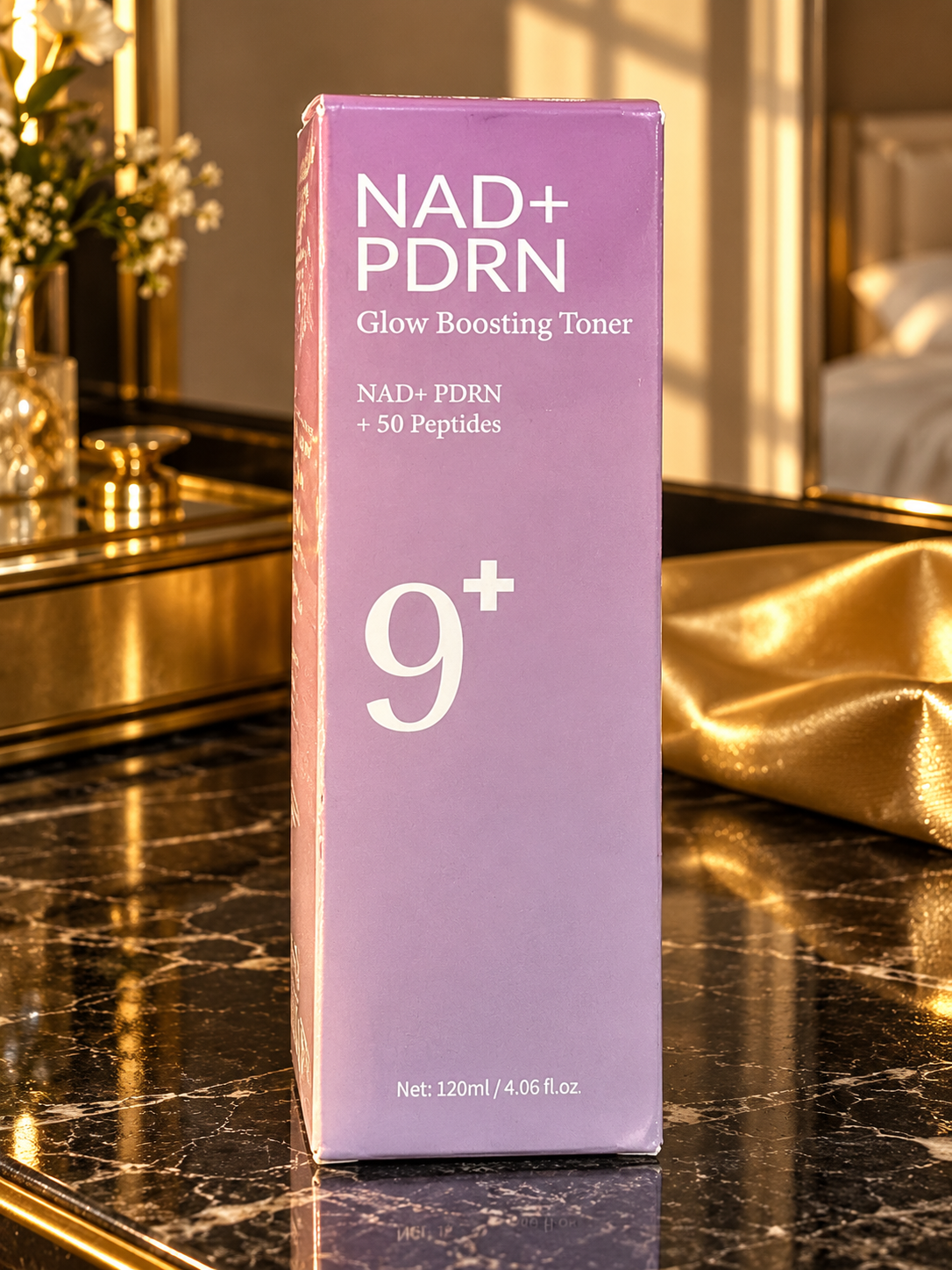 9+ NAD+ PDRN Glow Boosting Toner120ml — actual carton detail