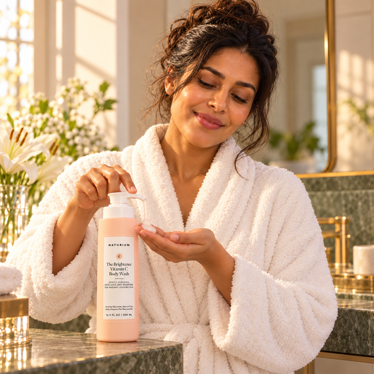 Model dispensing NATURIUM body wash into palm