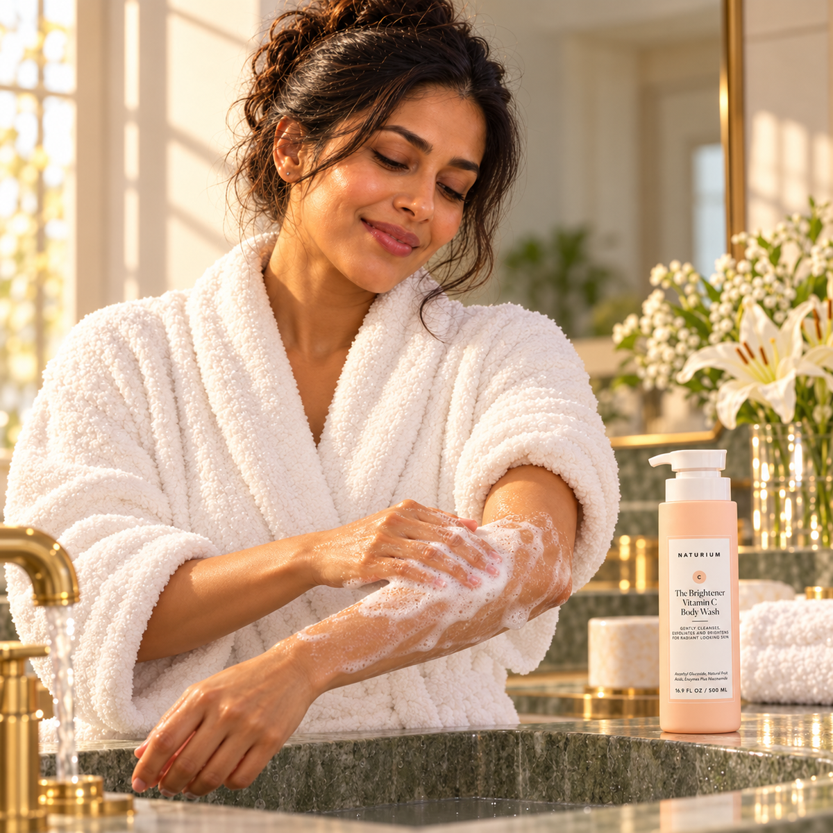 Model lathering NATURIUM body wash onto forearm