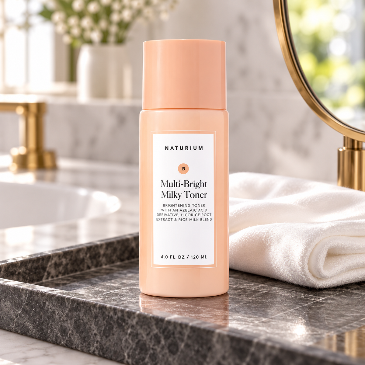 NATURIUM Multi-Bright Milky Toner 120ml — bottle in a home routine.
