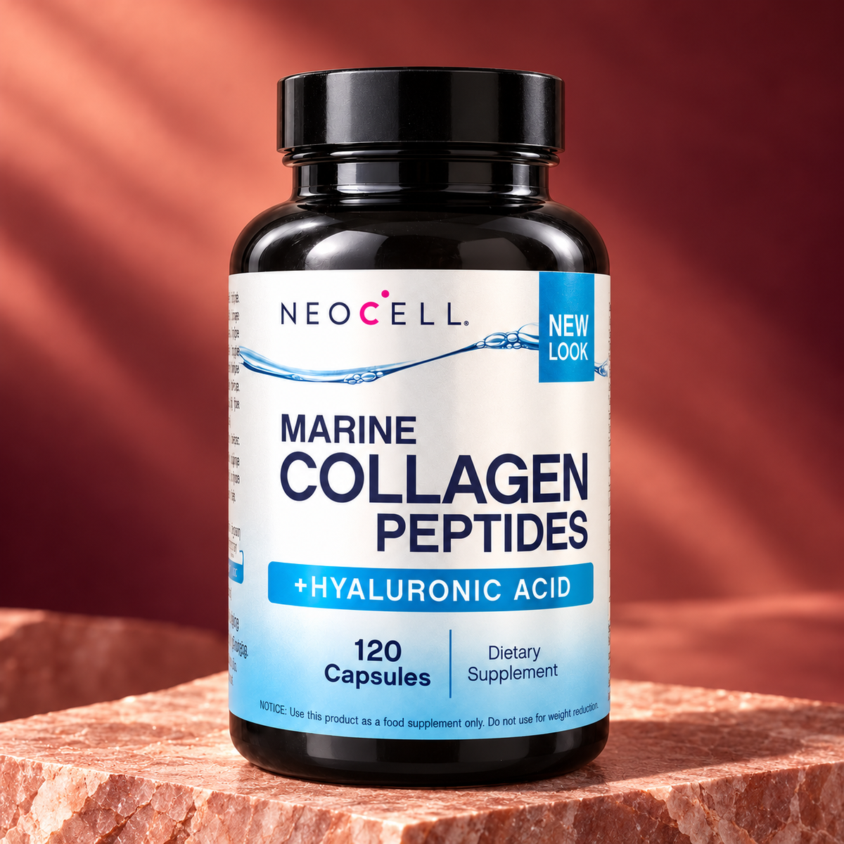 NeoCell Marine Collagen Peptides + Hyaluronic Acid, 120 capsules, on a terracotta stone background