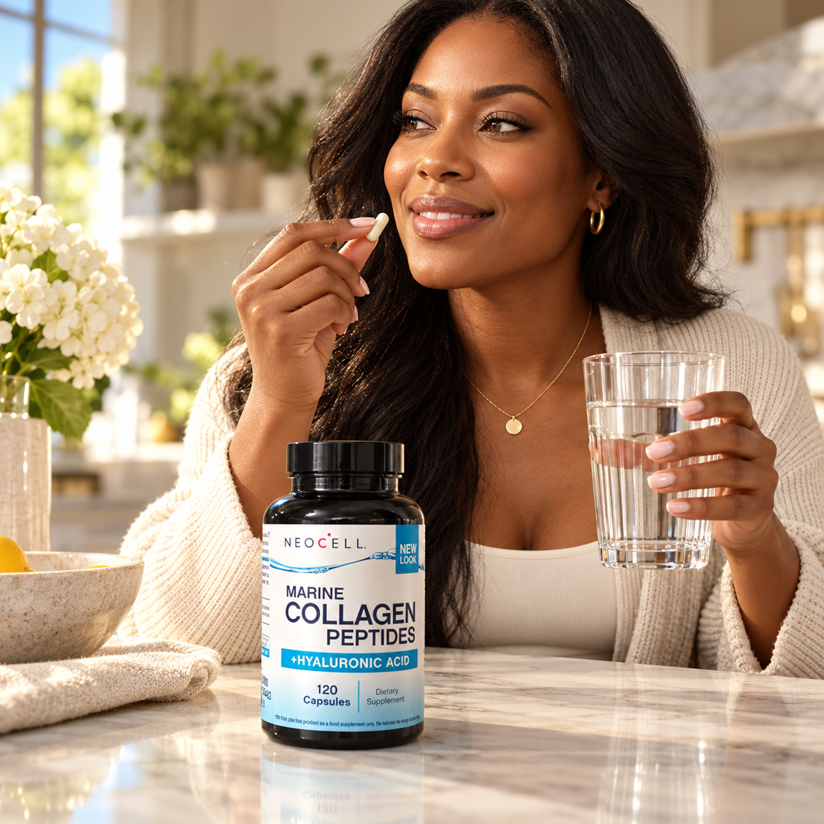 Adult Black woman with water and NeoCell Marine Collagen Peptides 120 capsules