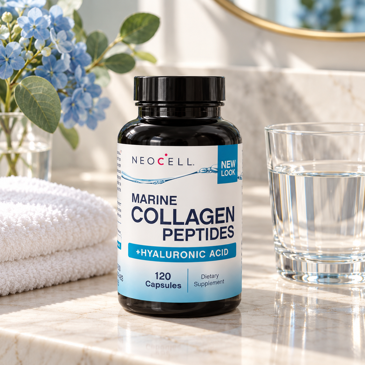 NeoCell Marine Collagen Peptides 120 capsules on bright wellness vanity