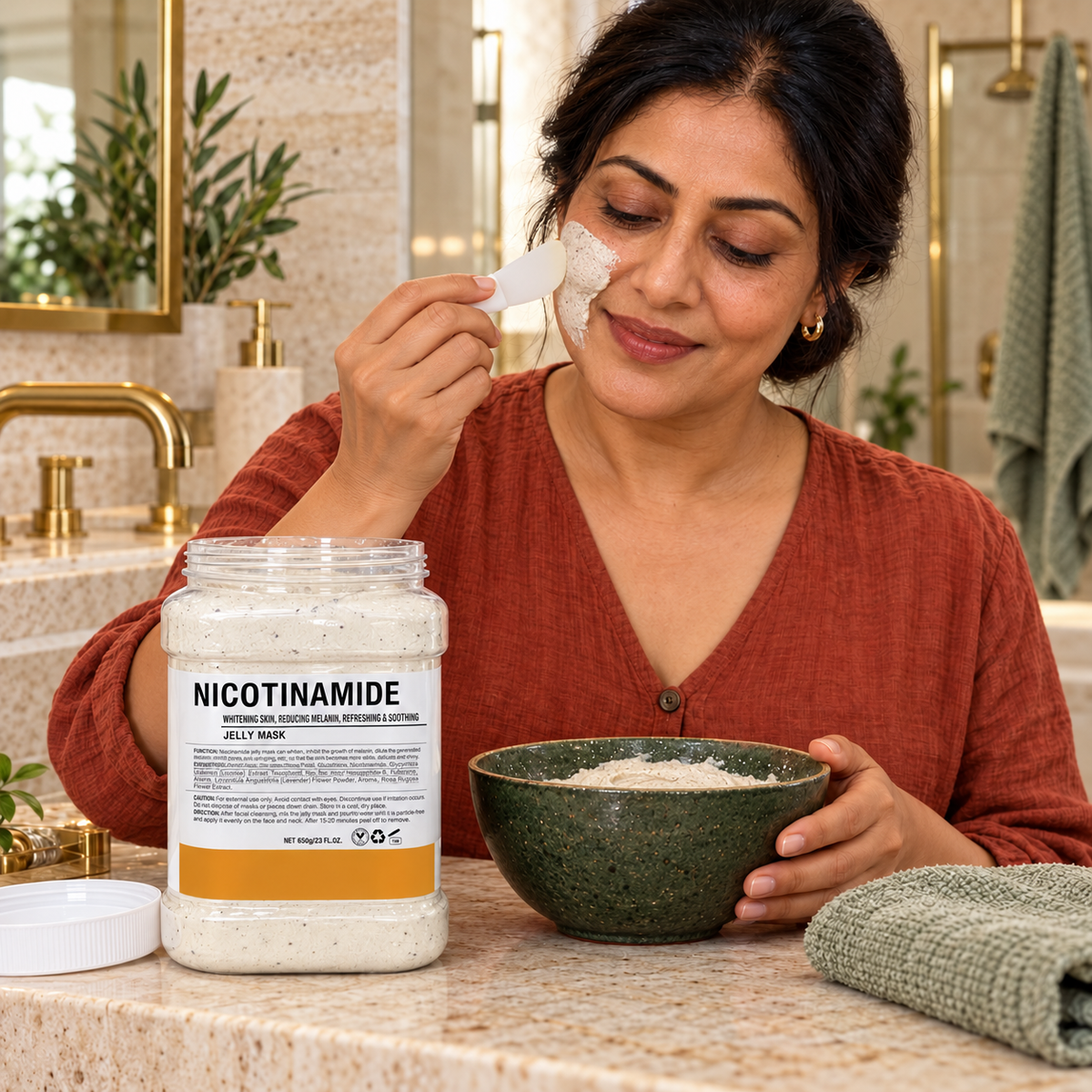 Nicotinamide 650g powder option only — applying selected mask to the cheek, avoiding eyes and lips
