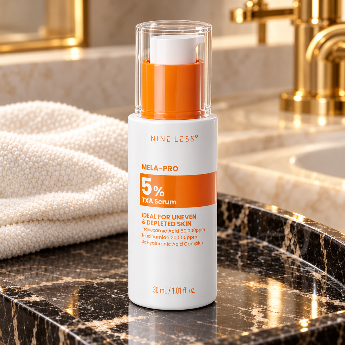 NINELESS MELA-PRO 30ml bottle and pump detail.
