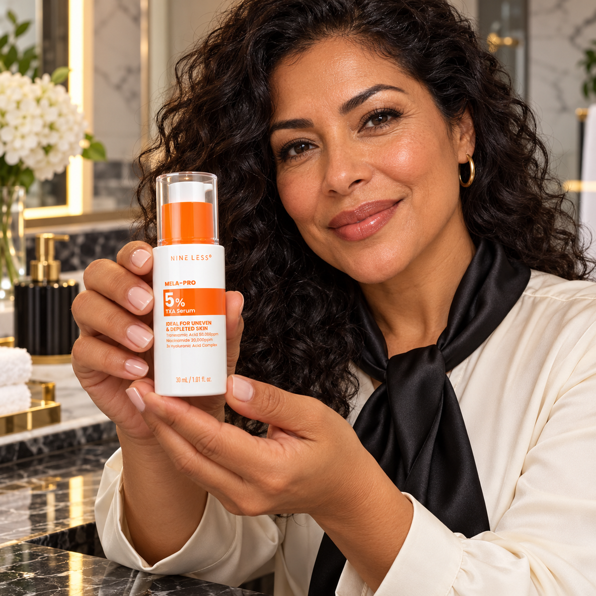 NINELESS MELA-PRO 5% TXA Serum 30ml presented in a home routine.