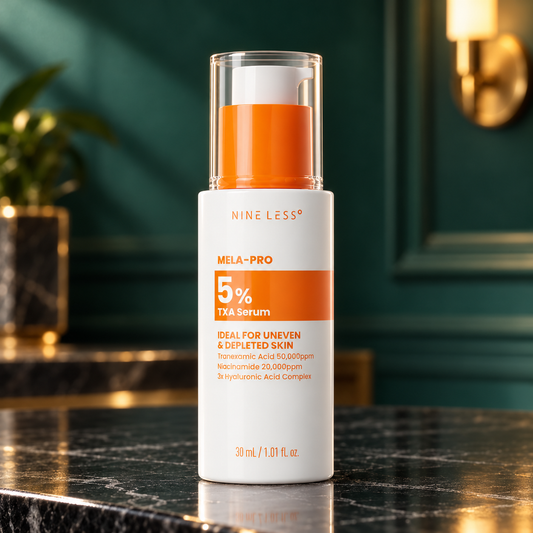 NINELESS MELA-PRO 5% TXA Serum 30 mL in a white and orange pump bottle, styled on a dark stone vanity.