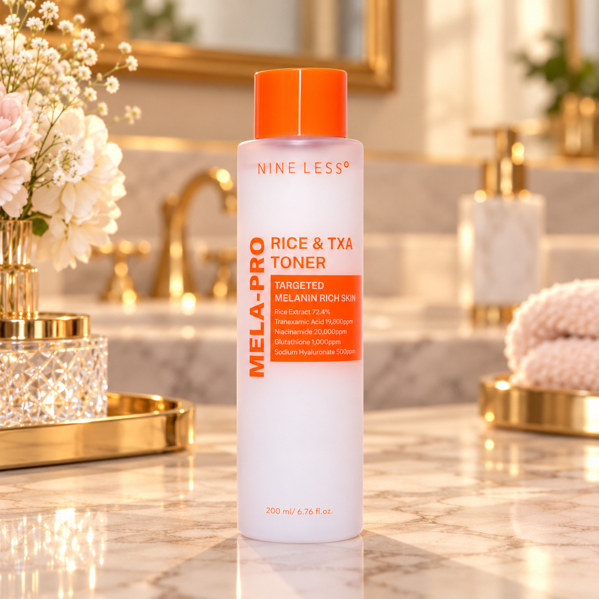 NINELESS Rice and TXA Toner 200 ml — bottle on home vanity