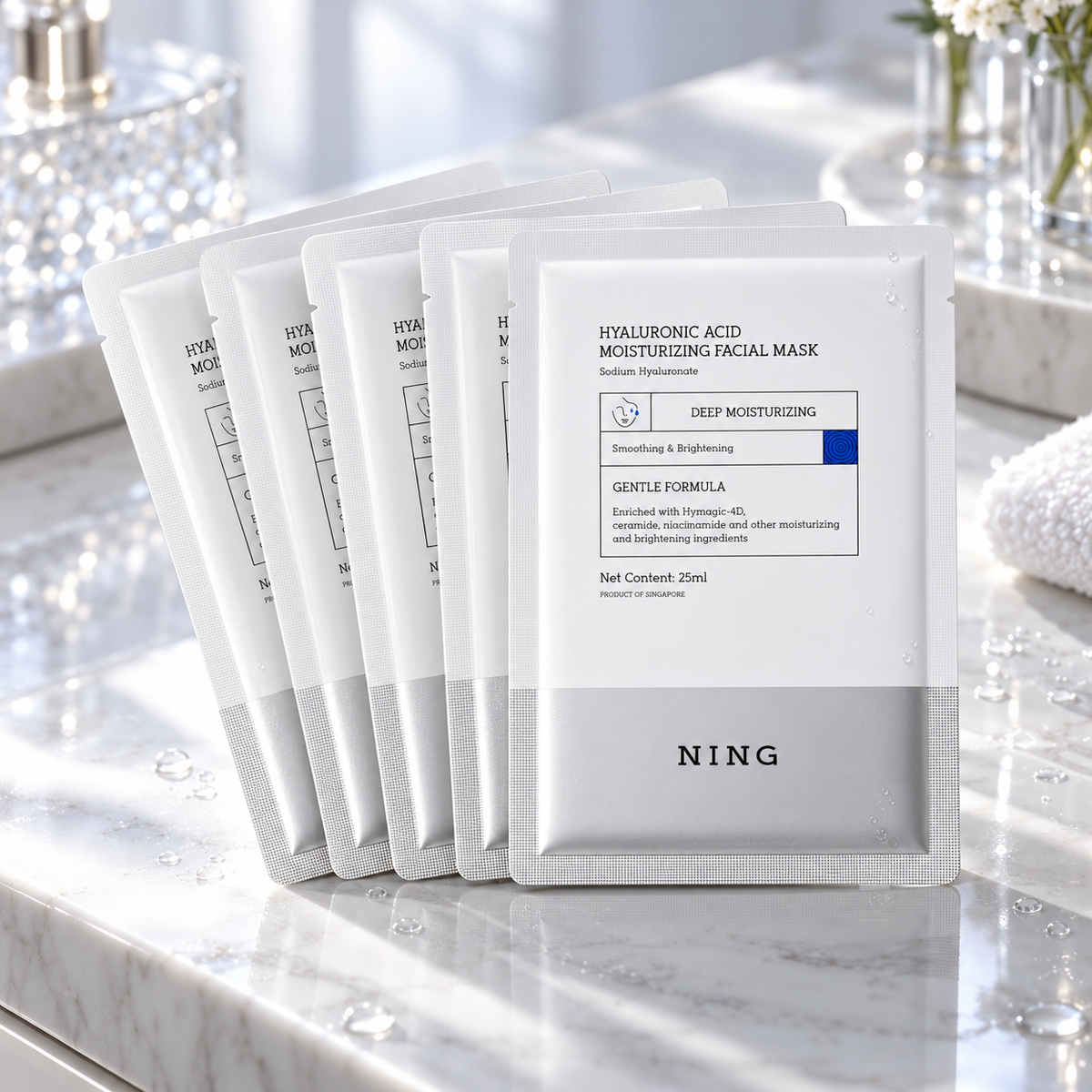 Five NING hyaluronic acid facial mask sachets, 25 ml each