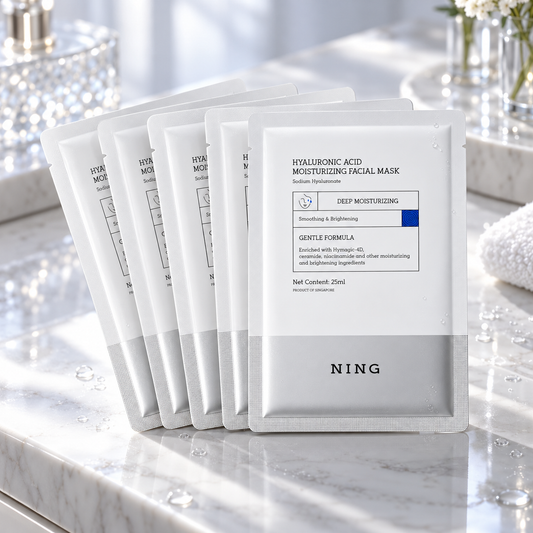 Five NING hyaluronic acid facial mask sachets, 25 ml each