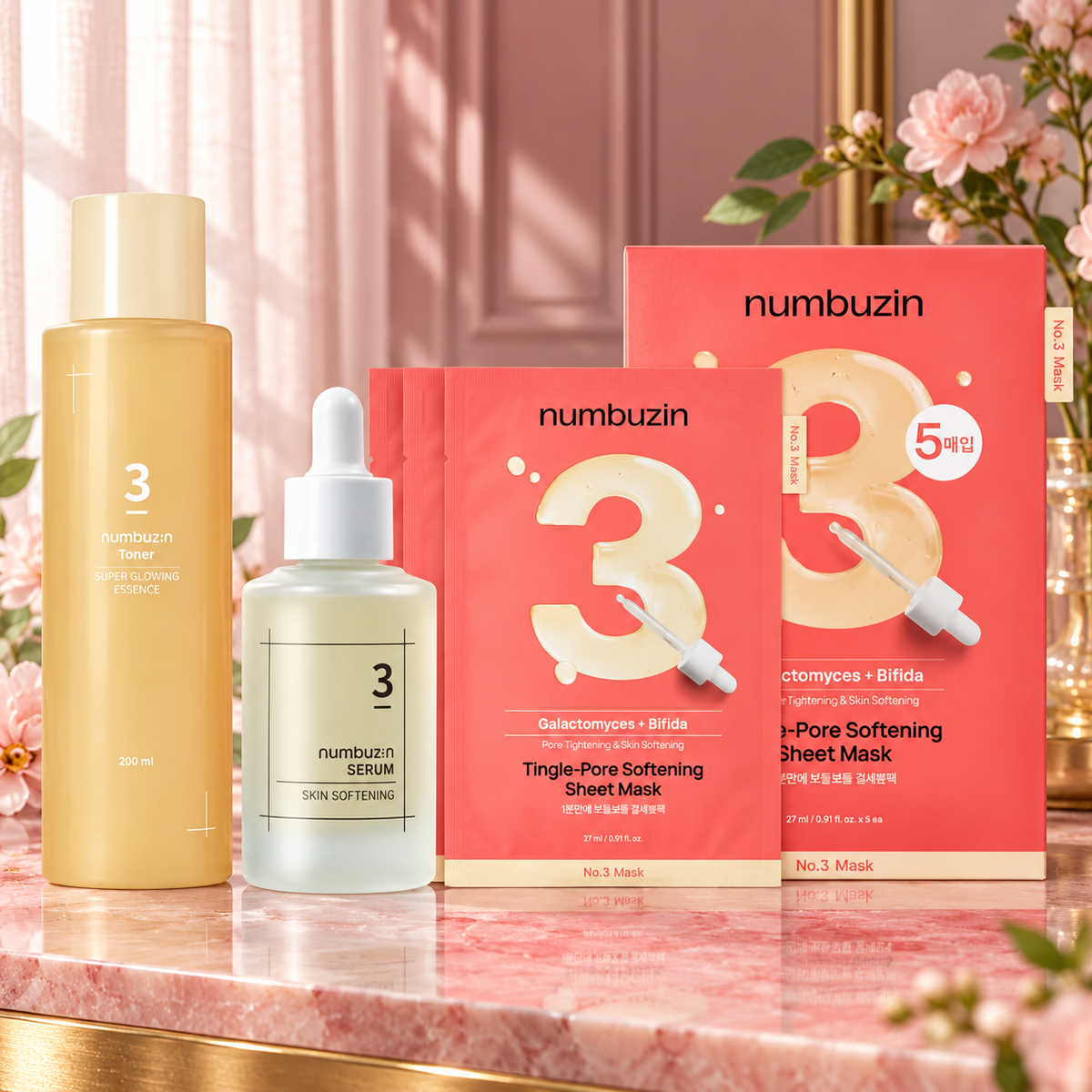 Numbuzin No.3 Pore Care 3 Step Routine Set - Super Glowing Essence, Skin Softening Facial Serum, 5 Sheets Pore Tightening Mask — updated presentation