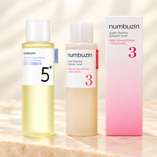 Numbuzin No.3 and No.5+ toner bottles with original No.3 carton