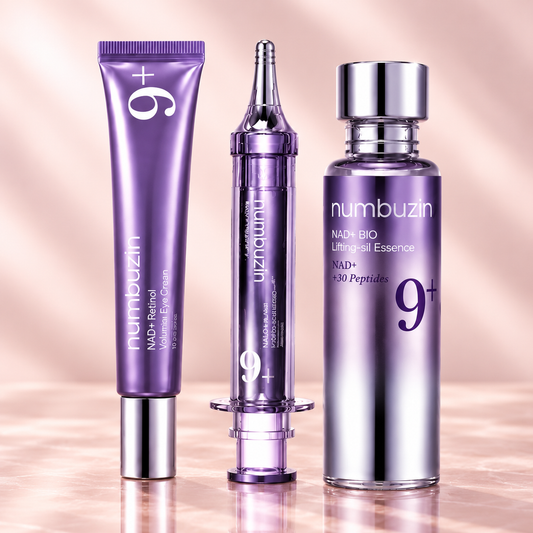 Three Numbuzin eye-care set containers on a champagne background, without promotional headline overlays