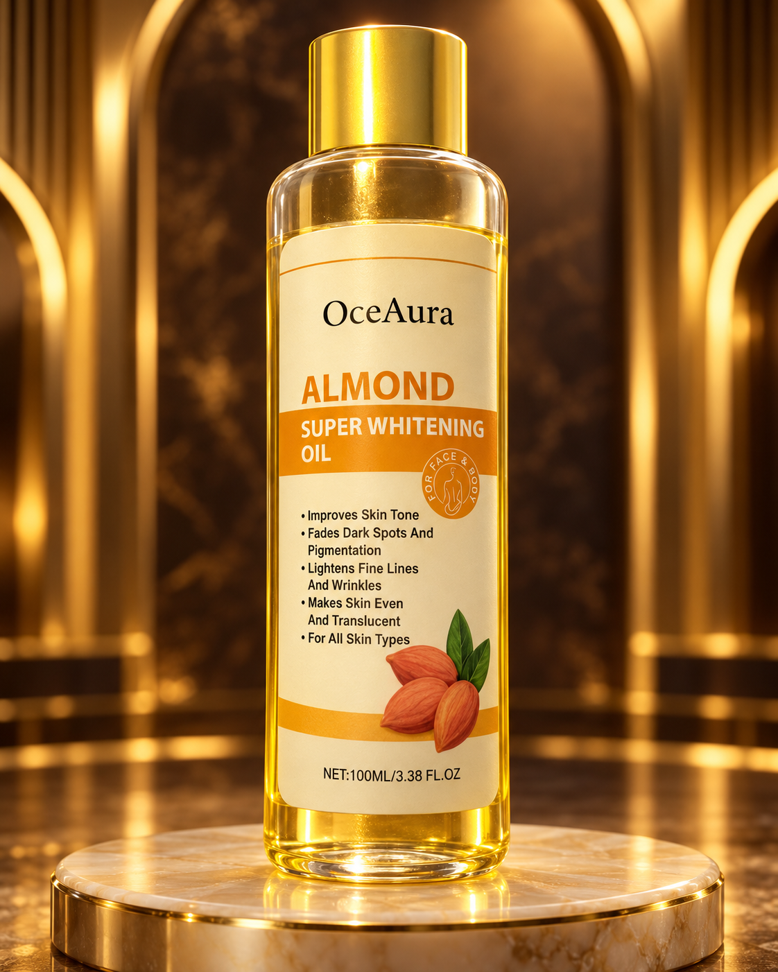 OceAura Almond Face & Body Oil — 100 ml — product close-up