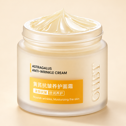 OHBT Astragalus cream jar on a warm ivory background