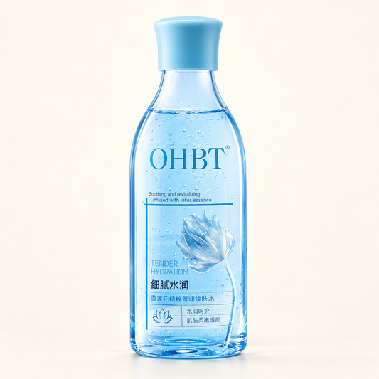 OHBT Blue Lotus essence bottle on a warm ivory background