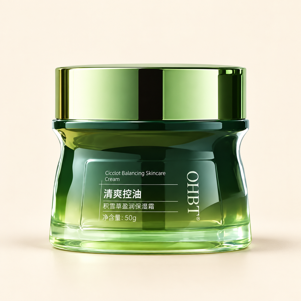 OHBT green cream jar on a warm ivory background