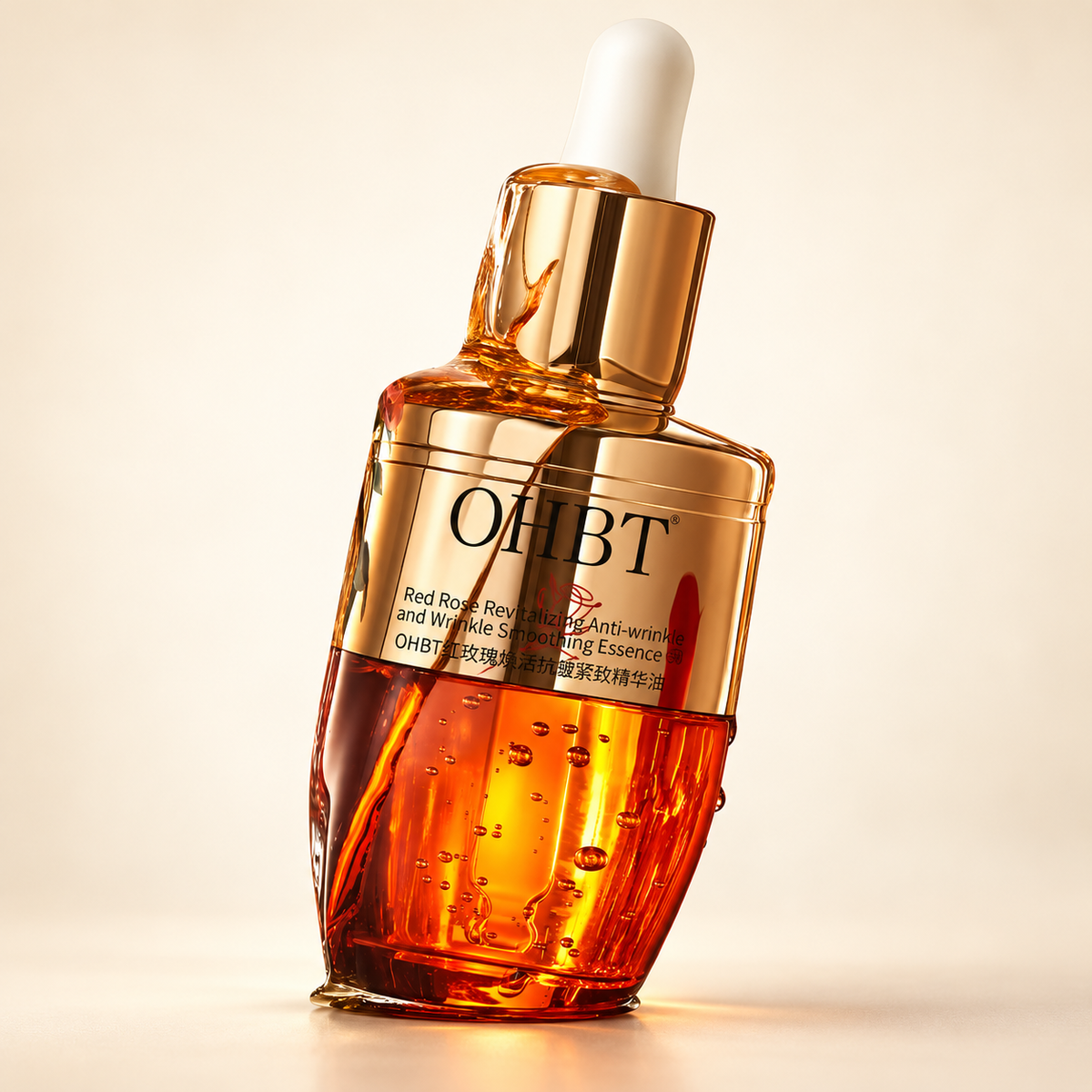 OHBT red rose facial essence oil bottle on a warm ivory background
