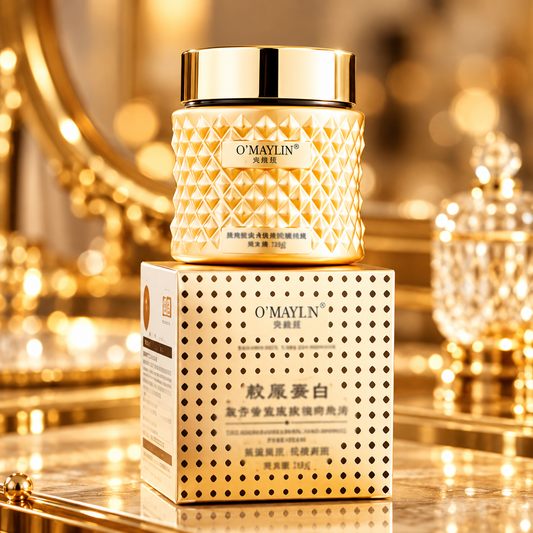 Illustrative gold vanity display of O’MAYLIN facial cream