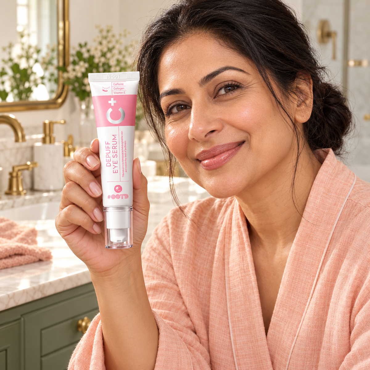 OOTD Depuff Eye Serum C+ 30 g held in home bathroom