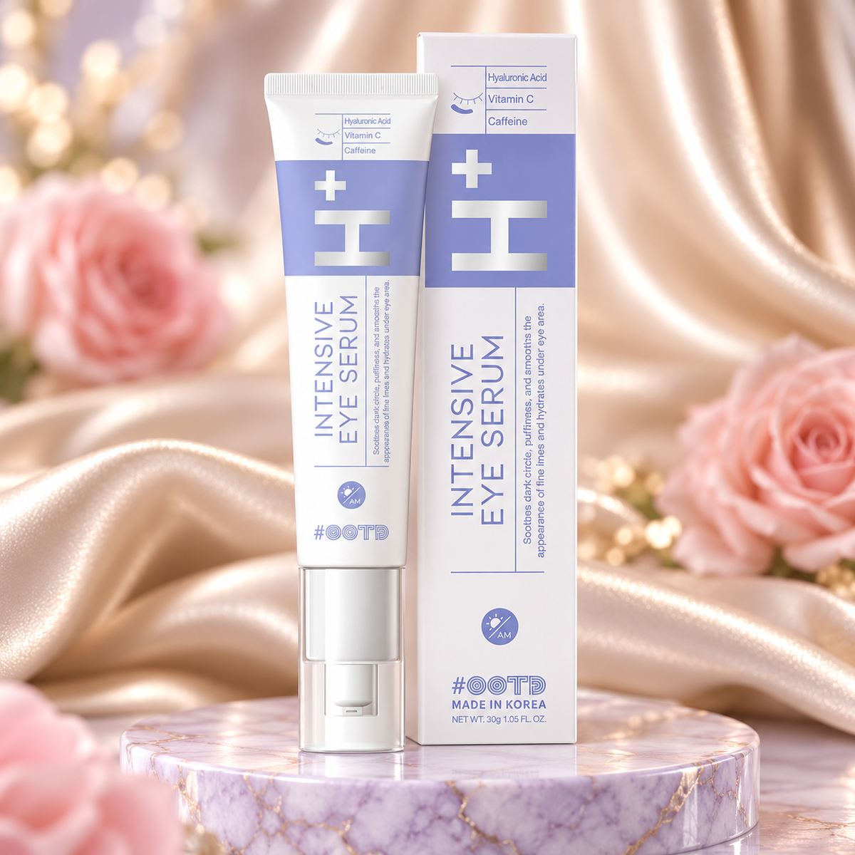 OOTD+ Intensive Eye Serum H+ A.M – 30 g — close-up bottle and carton