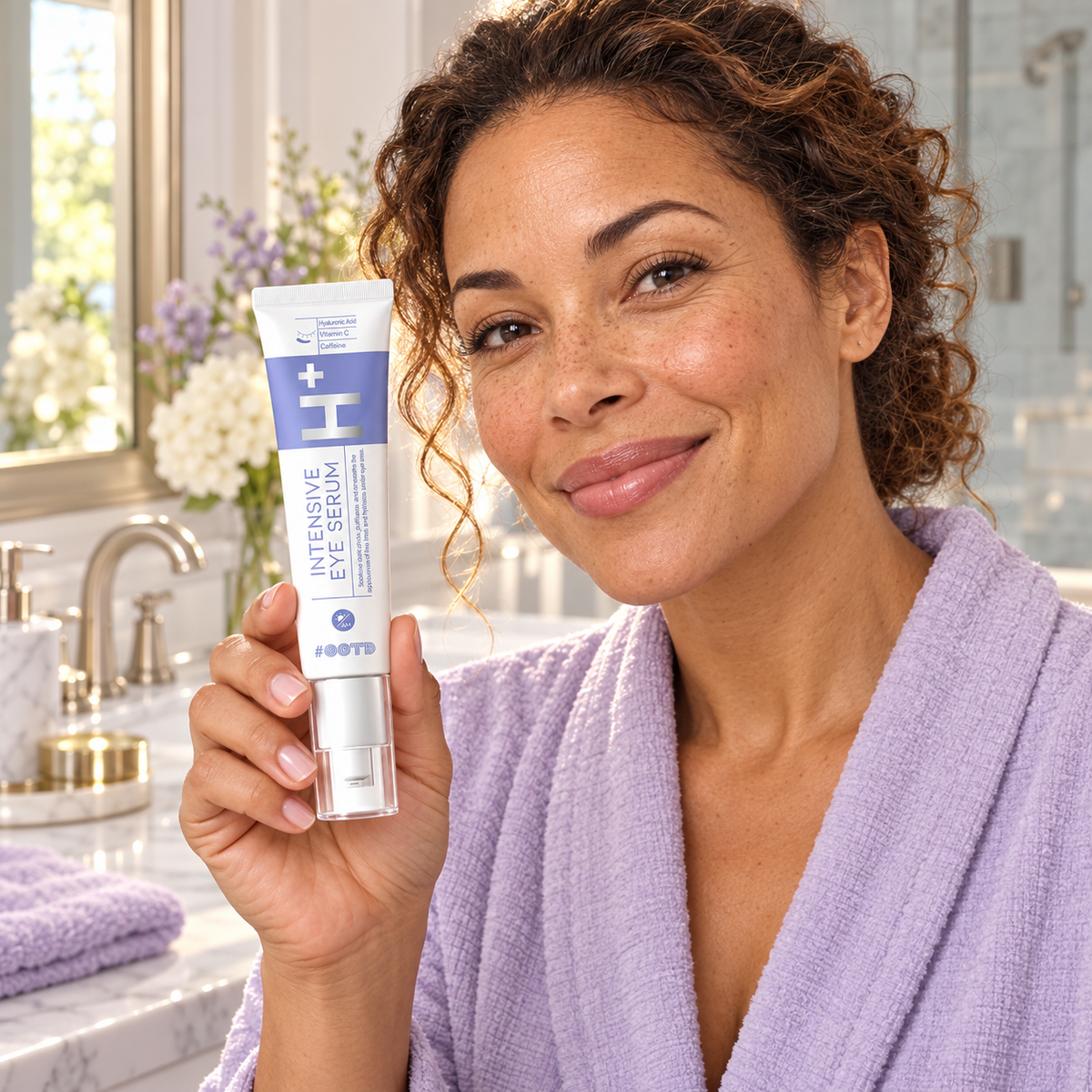 OOTD Intensive Eye Serum H+ 30 g held in home bathroom