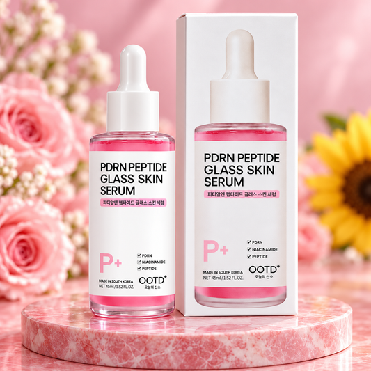 OOTD+ PDRN Peptide Glass Skin Serum – 45 ml — close-up bottle and carton