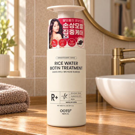 OOTD+ Rice Water Biotin Treatment 600 mL bottle on a warm wood bathroom vanity in natural daylight.