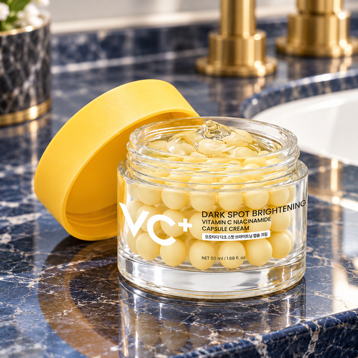 OOTD VC+ Capsule Cream 50 ml open jar showing yellow capsules in clear gel
