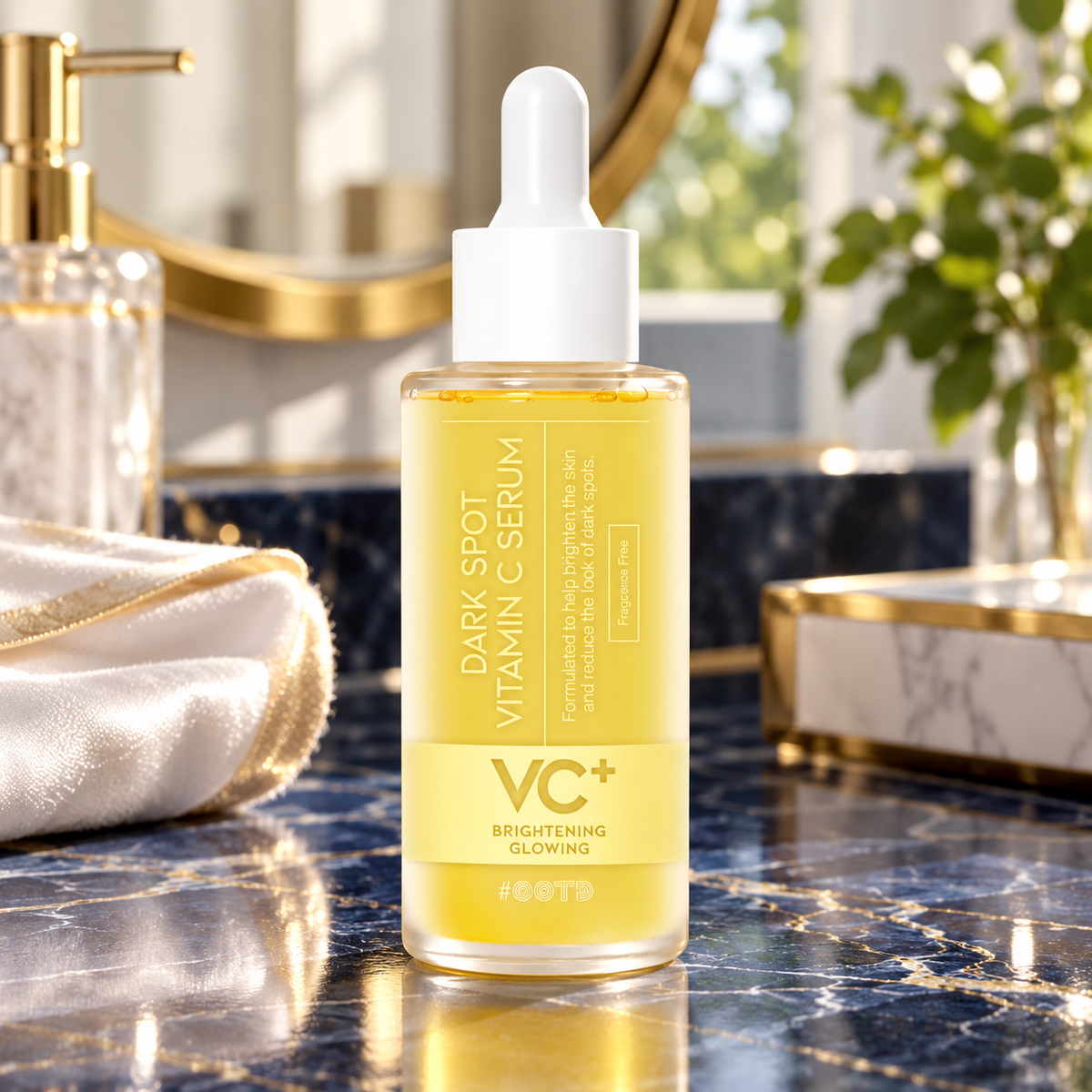 OOTD VC+ Dark Spot Vitamin C Serum50ml — source-faithful bottle in bathroom