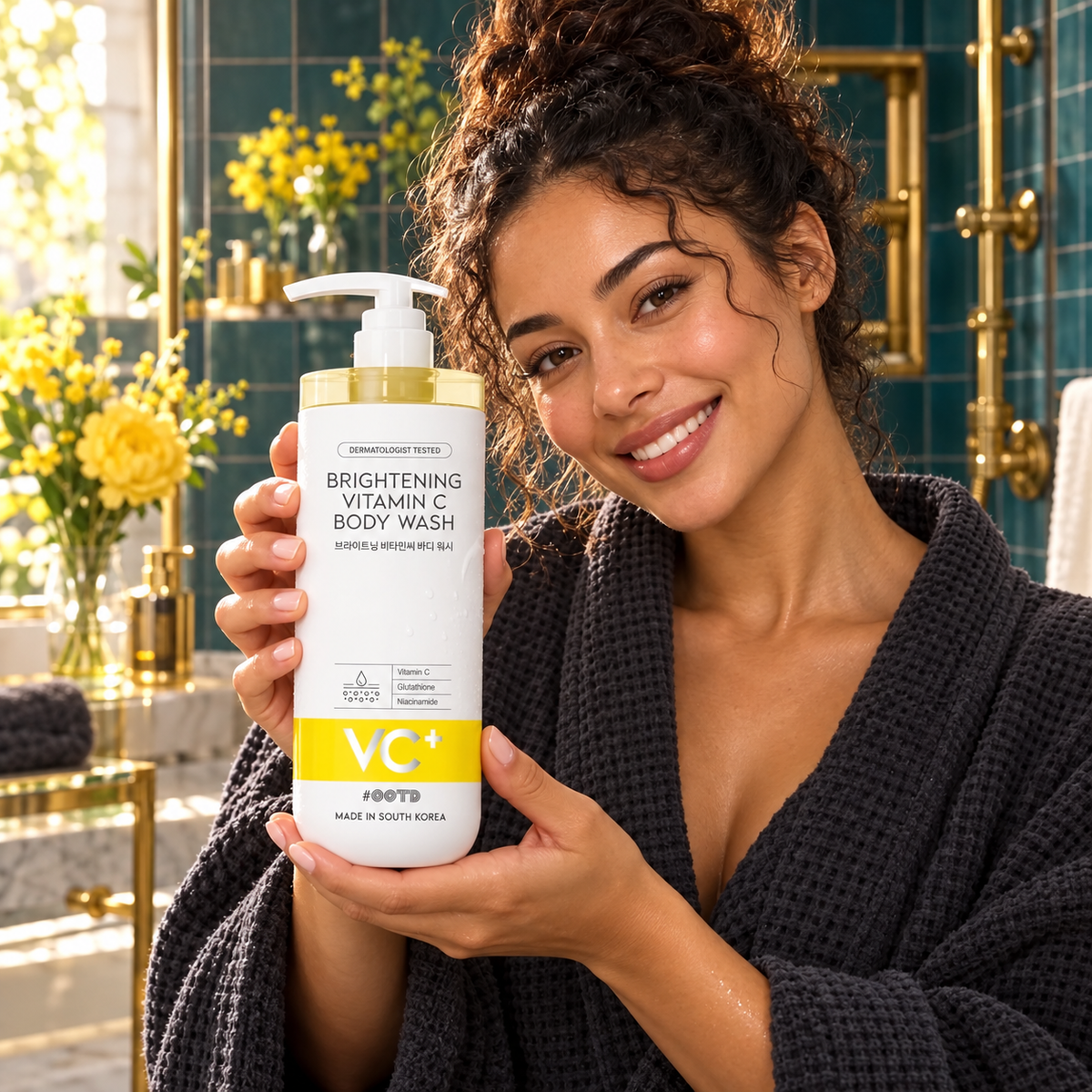 OOTD Brightening Vitamin C Body Wash 750 ml — model presenting bottle