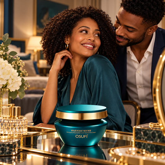 OSUFI Pro-Xylane Polypeptide Caviar Anti-Wrinkle Cream in a luxury couple setting; decorative props are not included