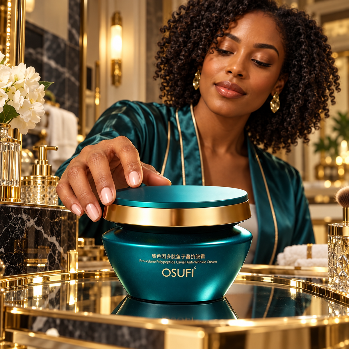 OSUFI Pro-Xylane Polypeptide Caviar Anti-Wrinkle Cream in a luxury bathroom setting; decorative props are not included
