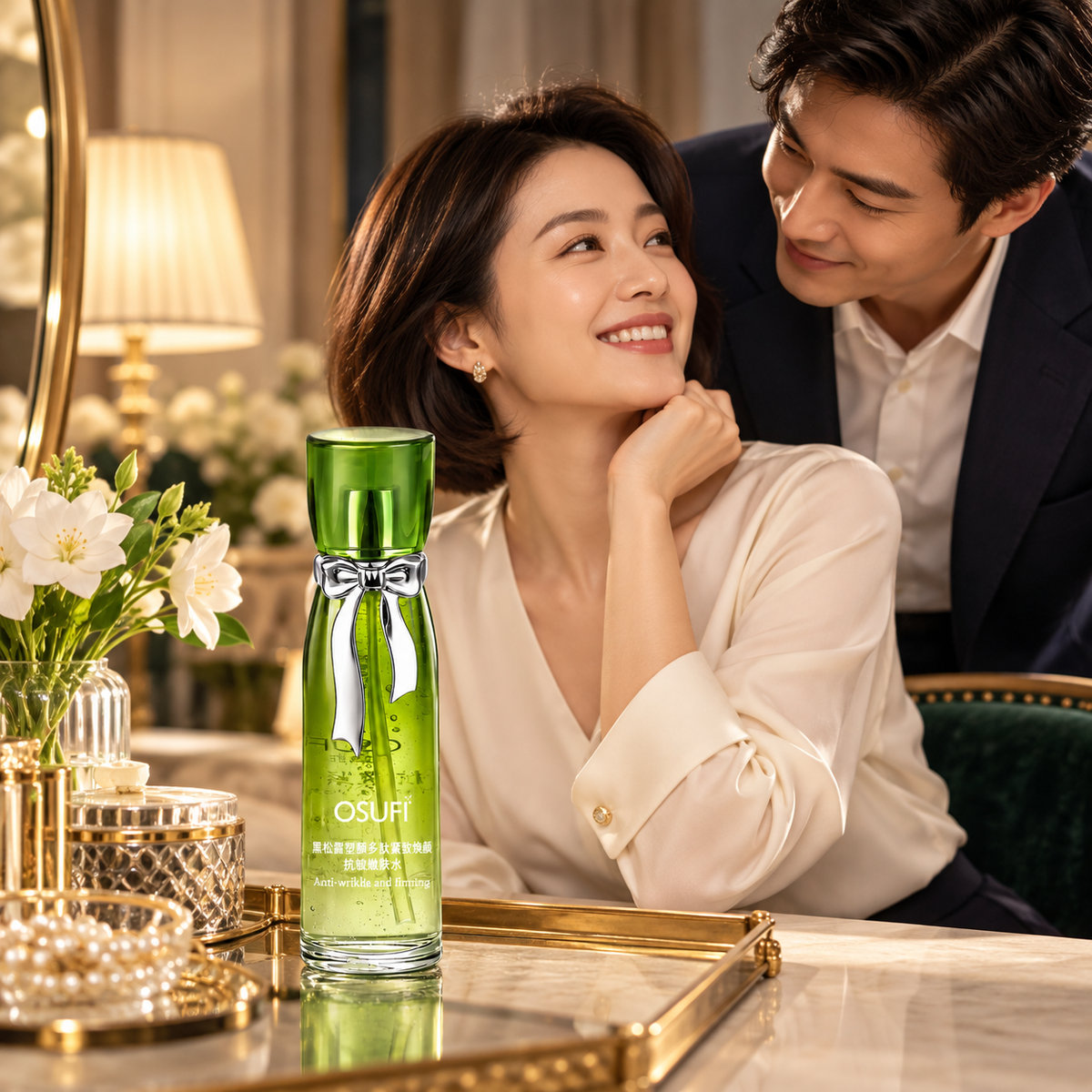 OSUFI Black Truffle Peptide Toner in a luxury couple setting; decorative props are not included