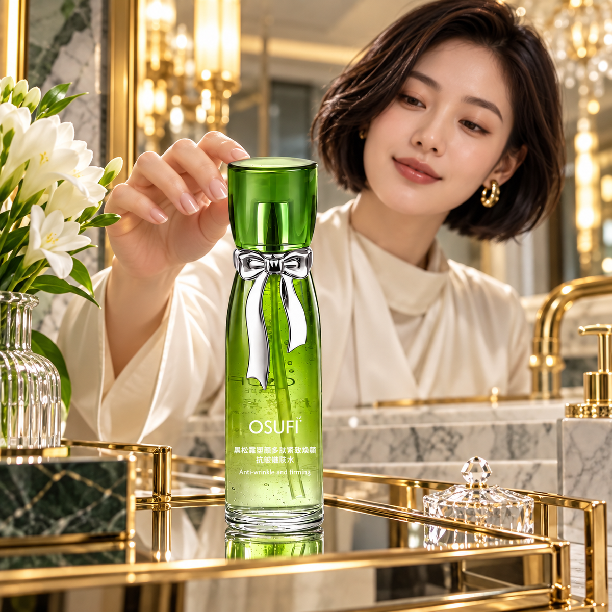 OSUFI Black Truffle Peptide Toner in a luxury bathroom setting; decorative props are not included