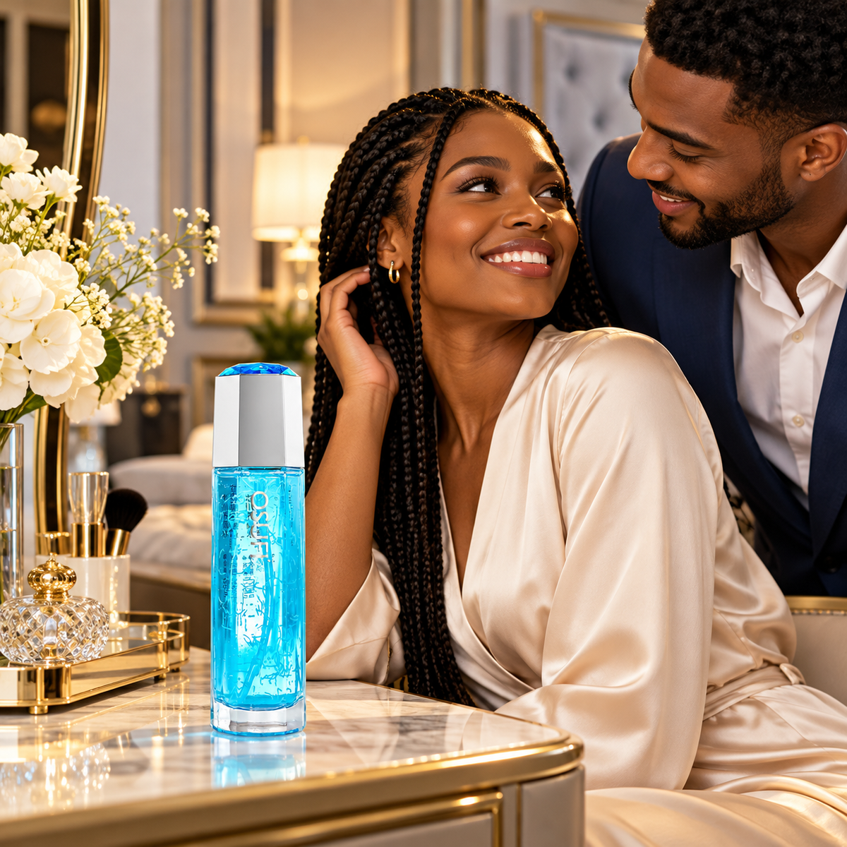 OSUFI Saussurea Involucrata Glacier Complexion Toner in a luxury couple setting; decorative props are not included