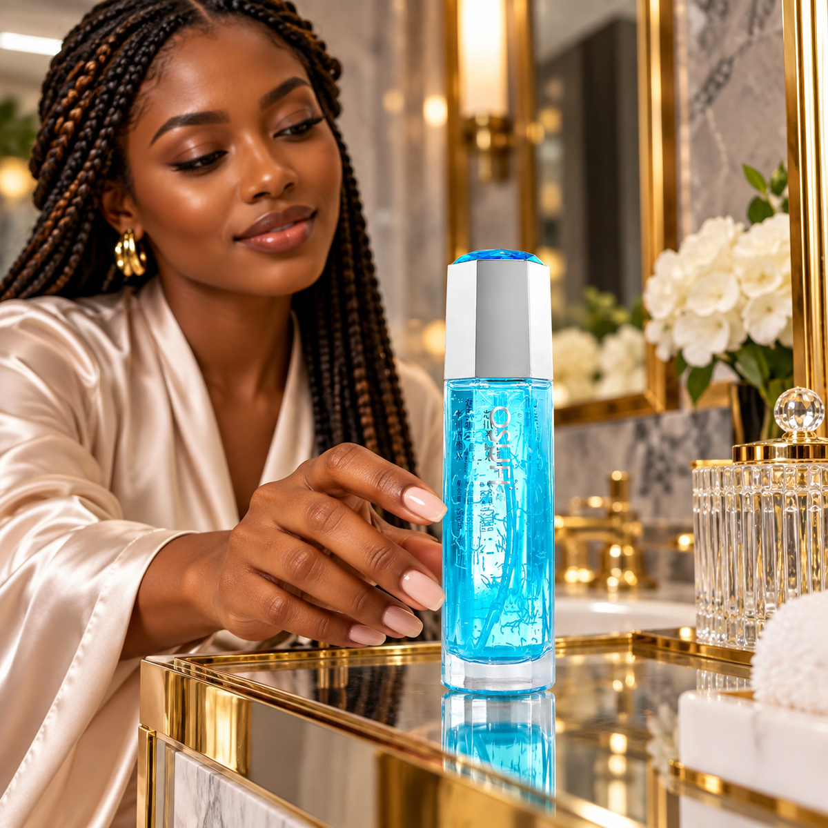 OSUFI Saussurea Involucrata Glacier Complexion Toner in a luxury bathroom setting; decorative props are not included