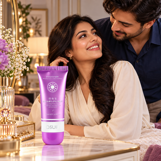 OSUFI Active Peptides After-Sun Soothing Ice Crystal Dew — 50 ml in a luxury couple setting; decorative props are not included