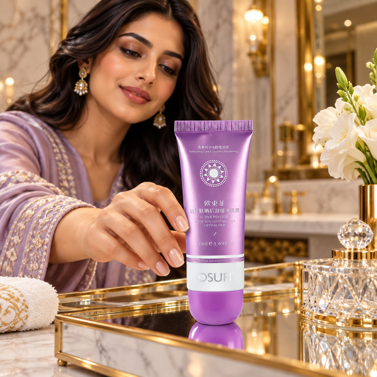 OSUFI Active Peptides After-Sun Soothing Ice Crystal Dew — 50 ml in a luxury bathroom setting; decorative props are not included